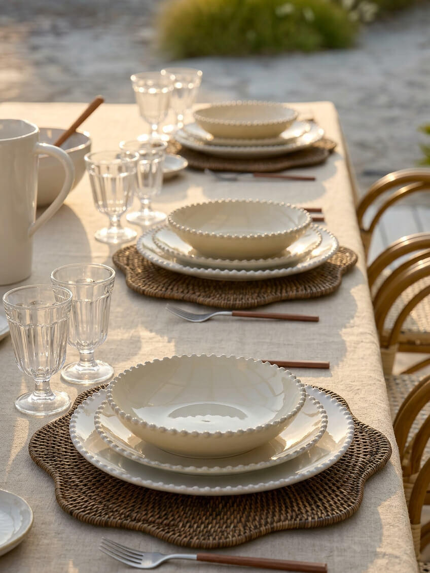 Ayre scalloped rattan placemats styled with white ceramic tableware and glassware on outdoor dining table
