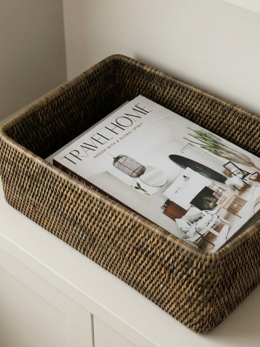 Blair antique brown rattan shelf basket styled on built-in shelving with books neutral storage basket for living room UK