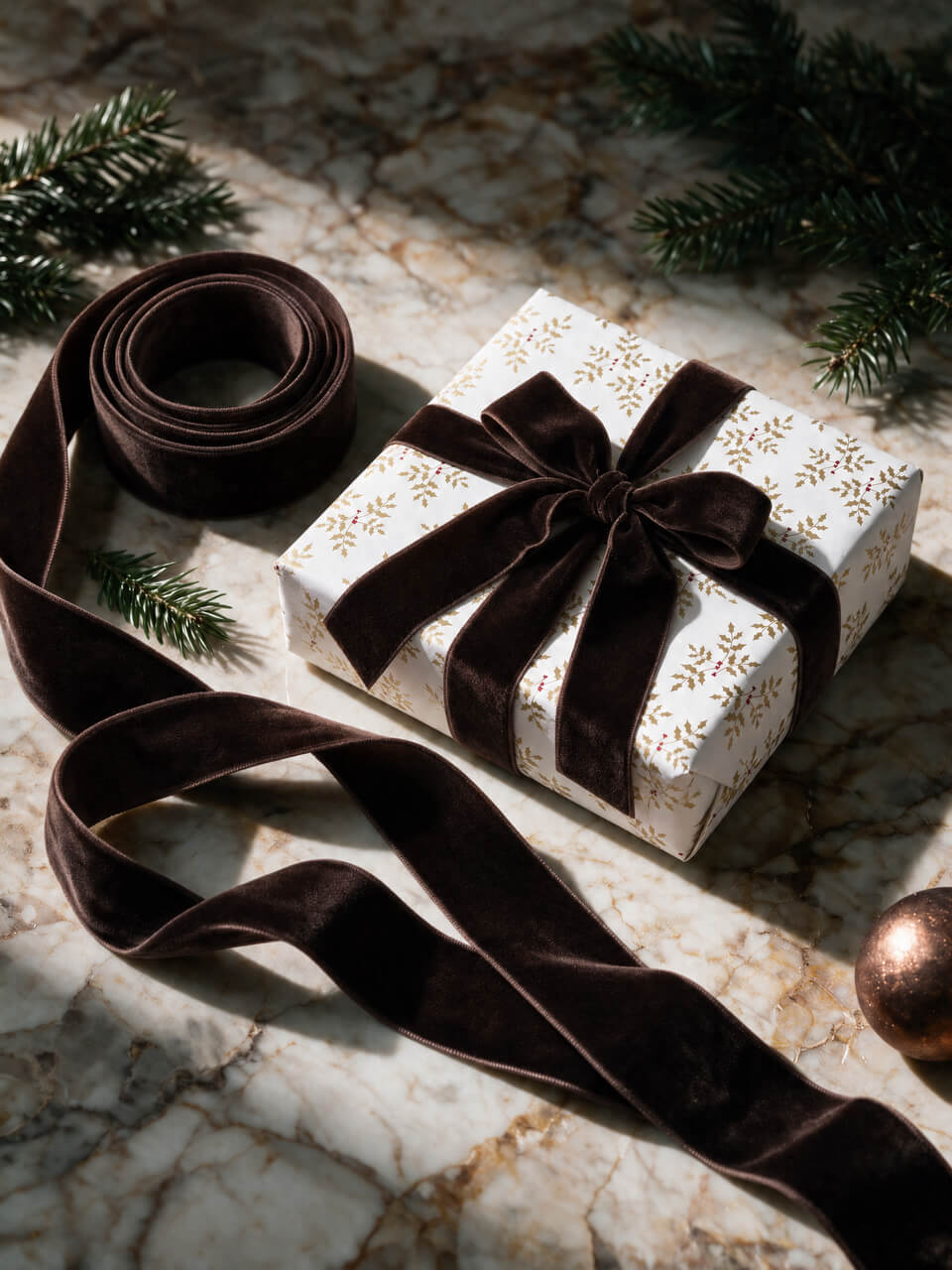 A roll of dark brown velvet ribbon tied around a white gift box with a gold floral pattern, set on a marble surface with pine branches and holiday decor.