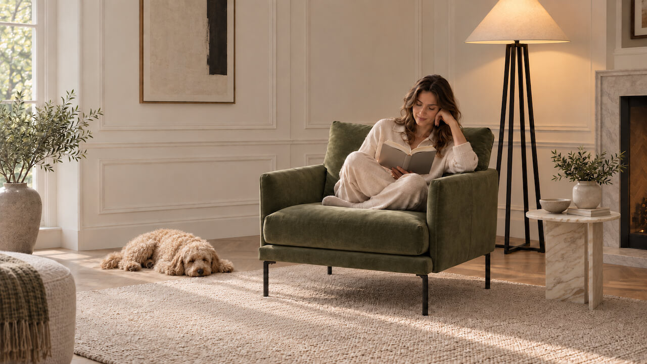 A woman in cream pajamas sits in a green armchair reading a book in a bright, elegant living room. A small dog lies on the beige rug nearby, with a floor lamp, side table, and fireplace visible in the background.