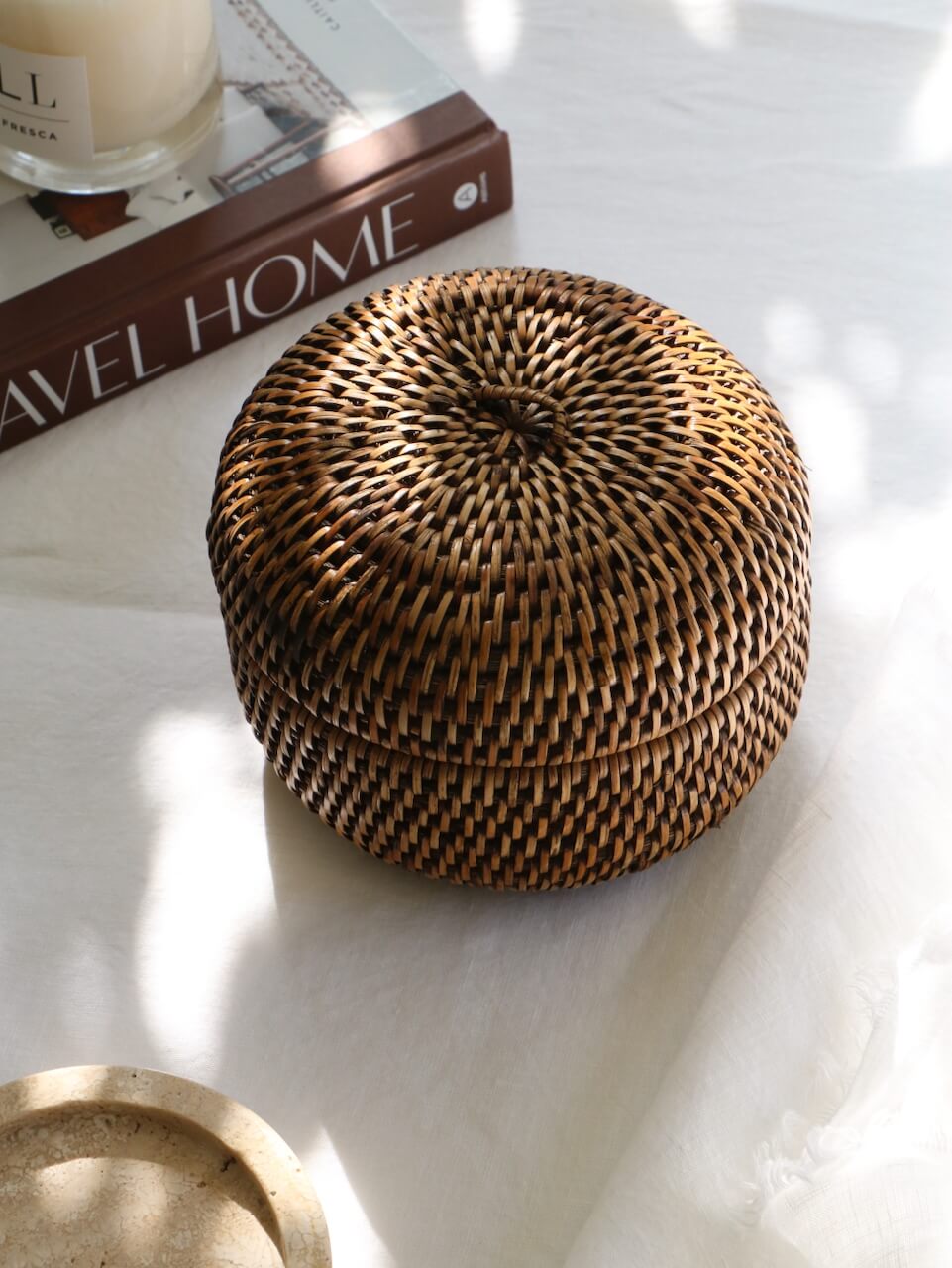 Ely Round Rattan Storage Box - Antique Brown - Small