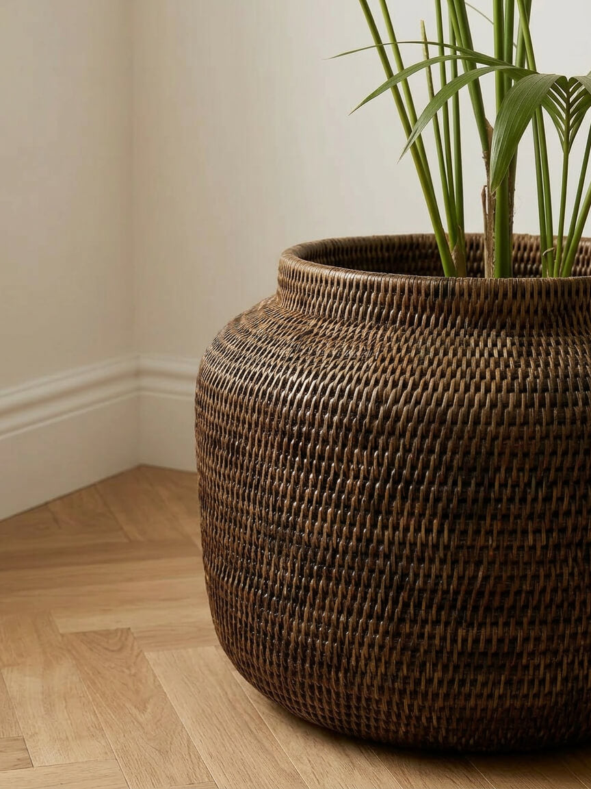 antique brown rattan planter close up handwoven texture indoor plant pot cover detail UK