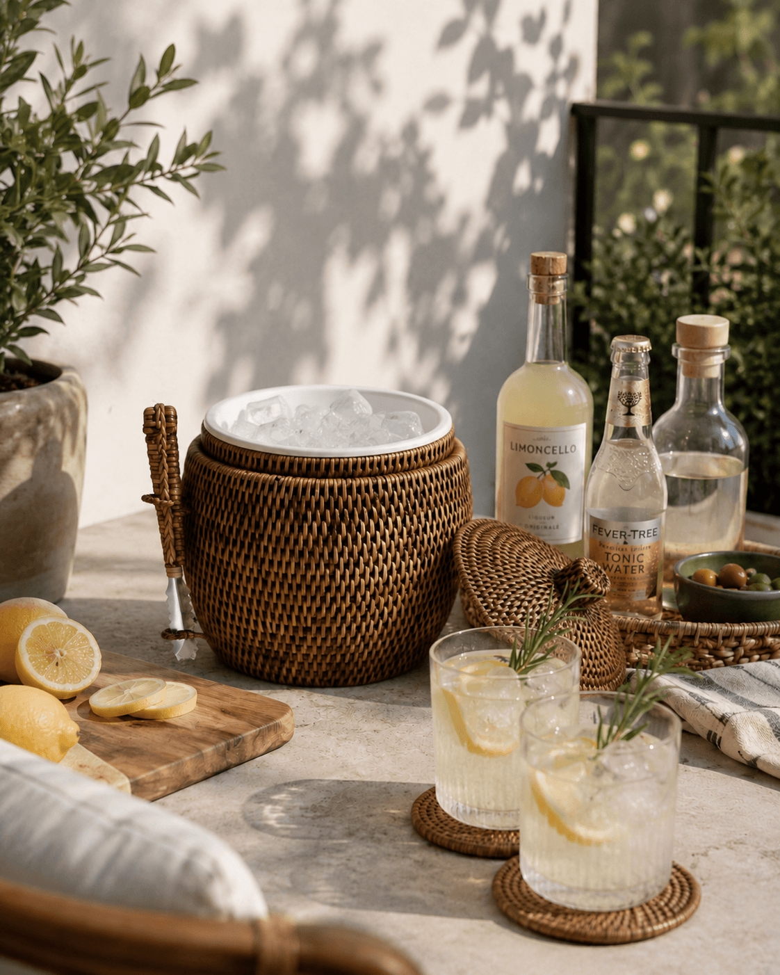 Outdoor setting with lemonade glasses, bottles, and a Minto rattan ice bucket on a table.