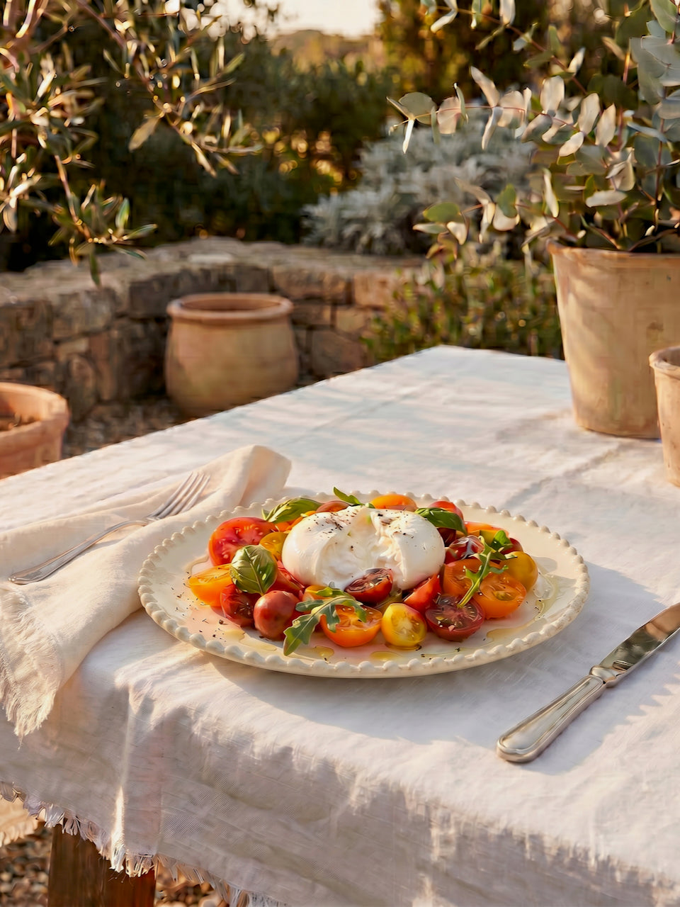 Cream scalloped pasta bowl filled with pesto fusilli, cherry tomatoes, basil, and shaved parmesan, styled on a white linen table outdoors in a sunlit Mediterranean garden setting.