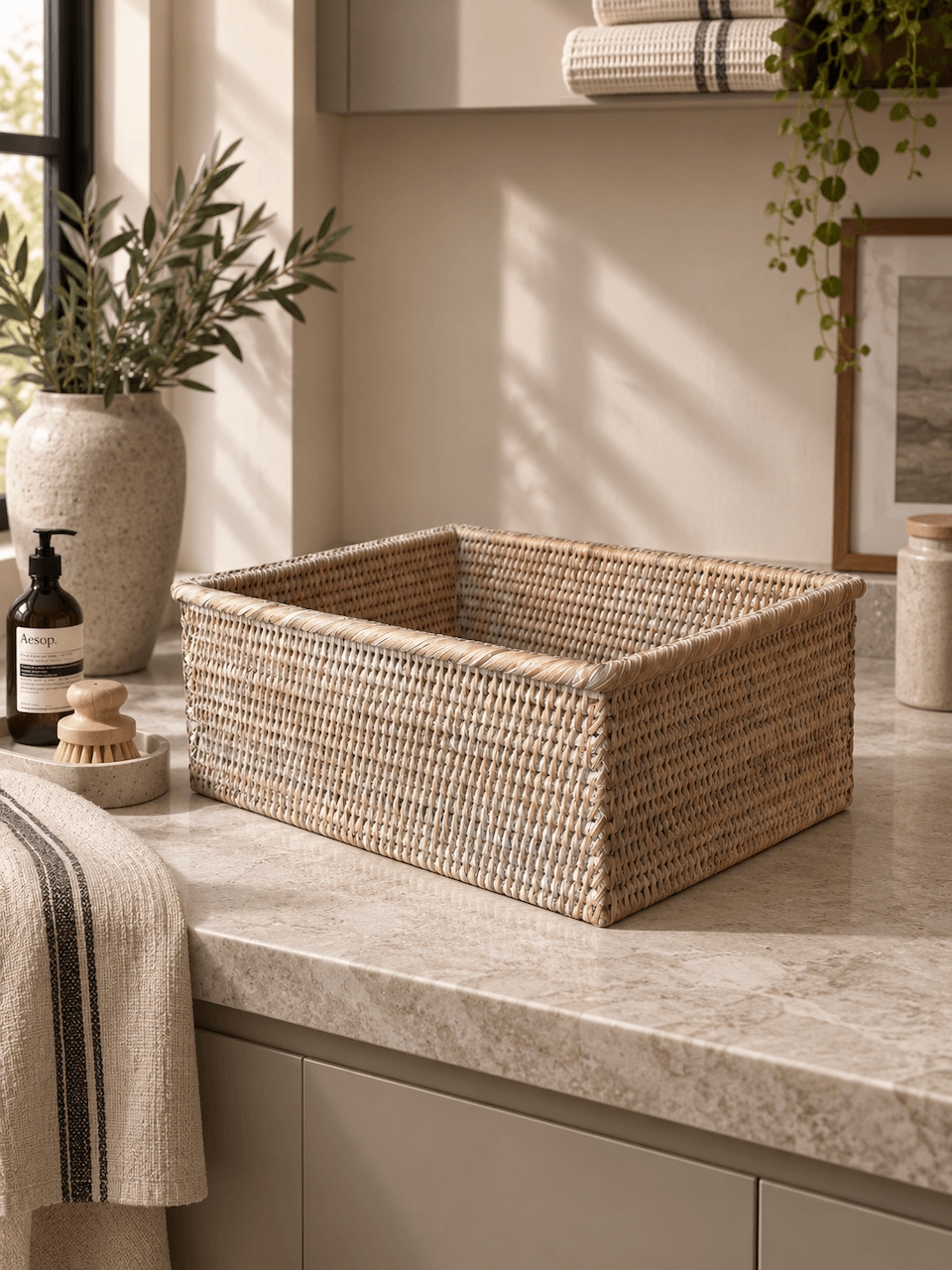 A rectangular woven storage basket in a white wash colour sits on a light stone bathroom counter, surrounded by home decor items like a soap dispenser, a wooden brush, and a striped towel.