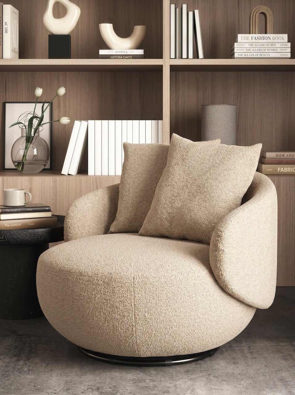 Beige armchair with cushions in a room with wooden shelves and decor