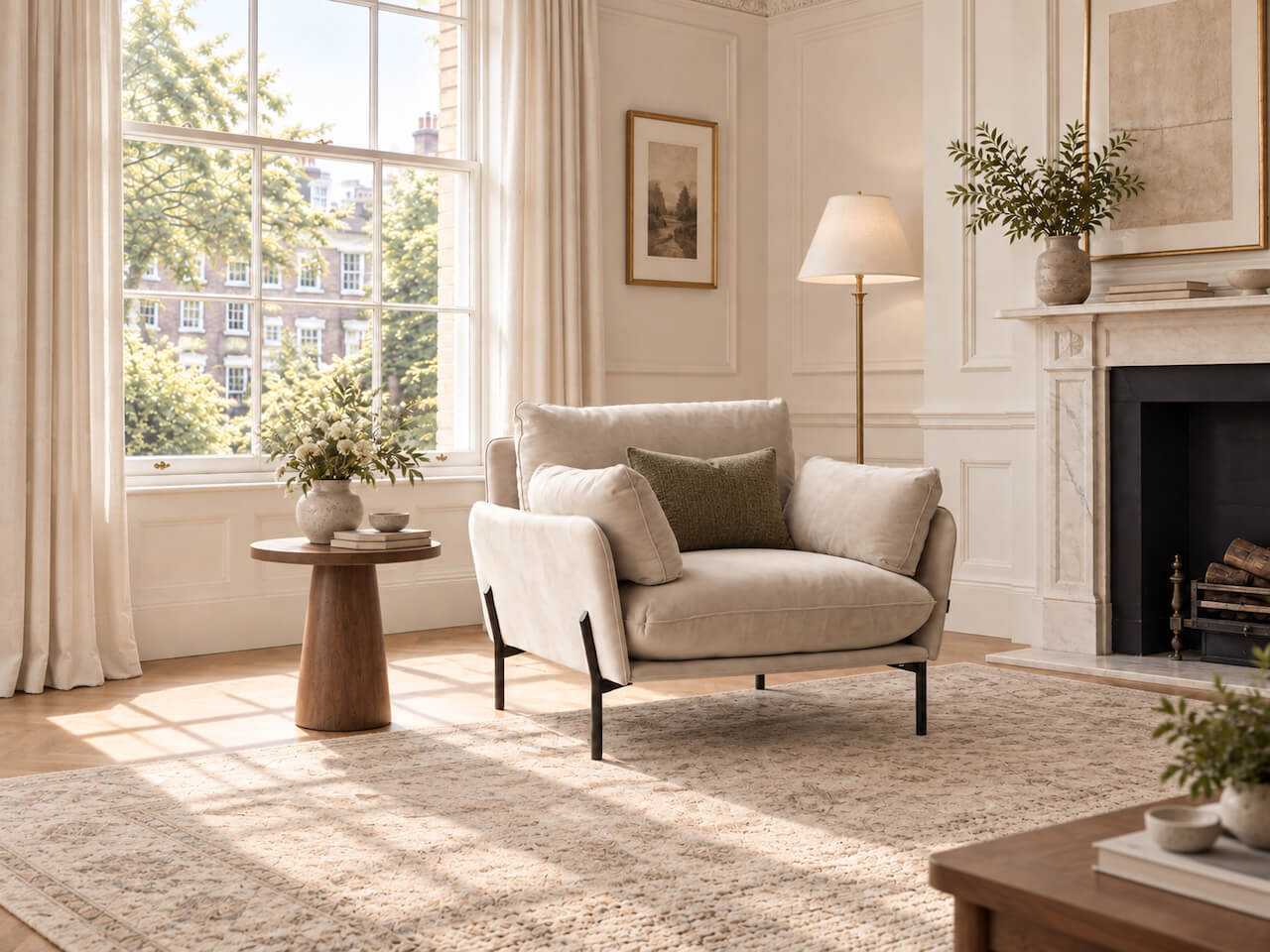 A light beige upholstered armchair with dark metal legs sits in a bright, elegant living room with cream walls, a fireplace, a window view, and a textured rug.