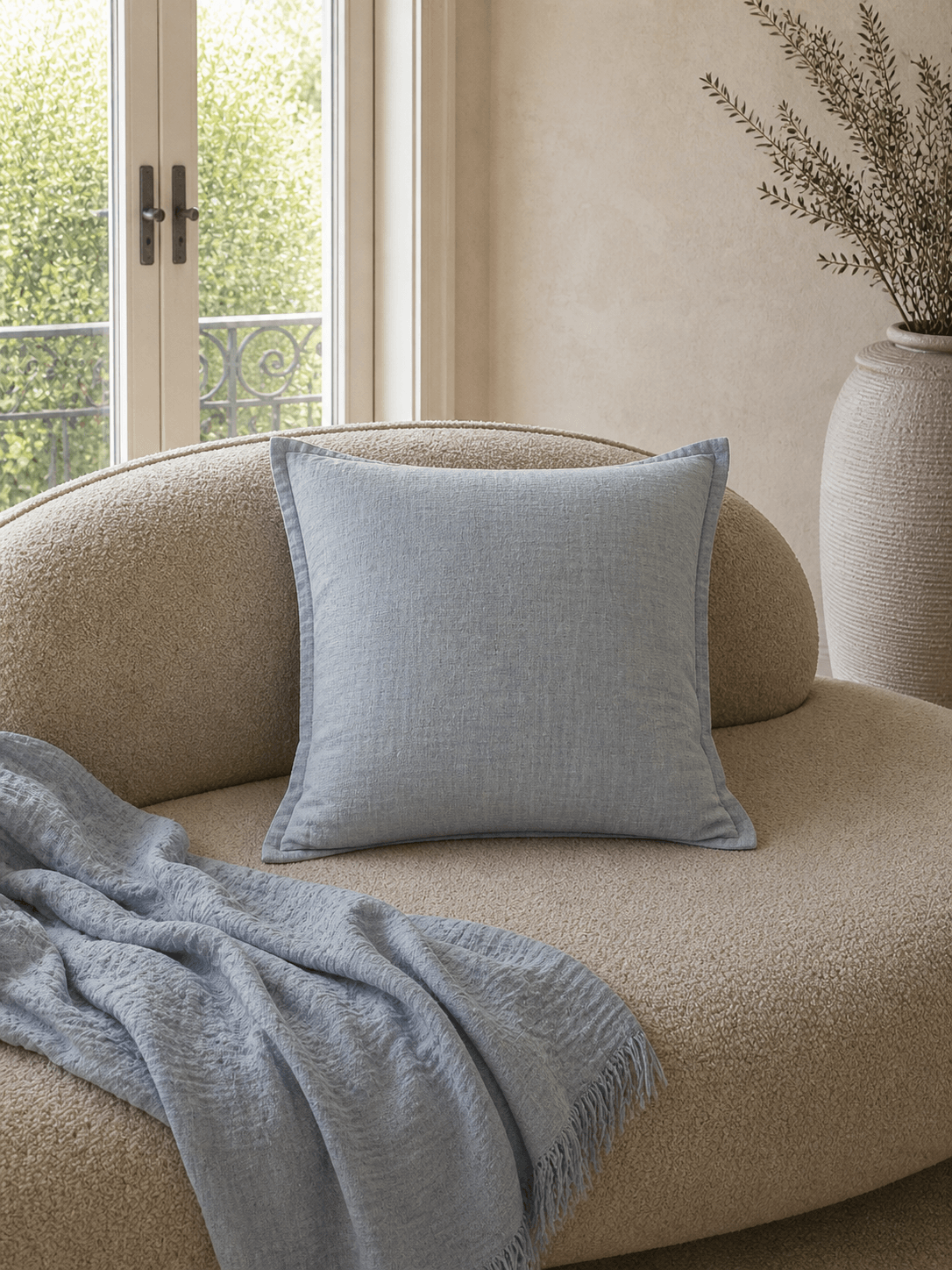 Luxury blue fog cotton linen cushion cover styled on a textured boucle armchair with a soft woven throw in a calm contemporary interior.