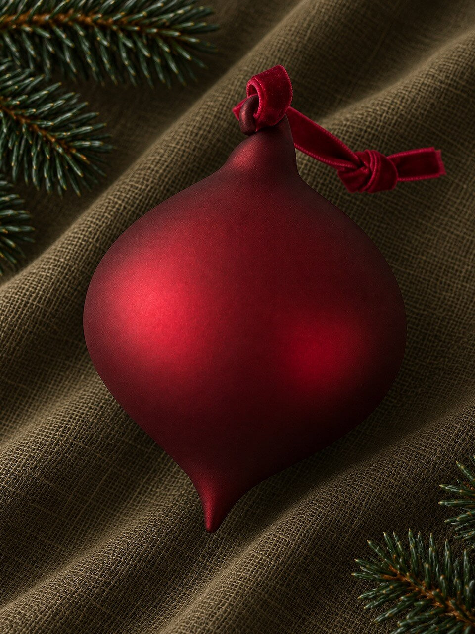A glossy dark red Christmas ornament shaped like a teardrop, tied with a matching red ribbon, resting on a textured brown fabric with pine branches in the corners.