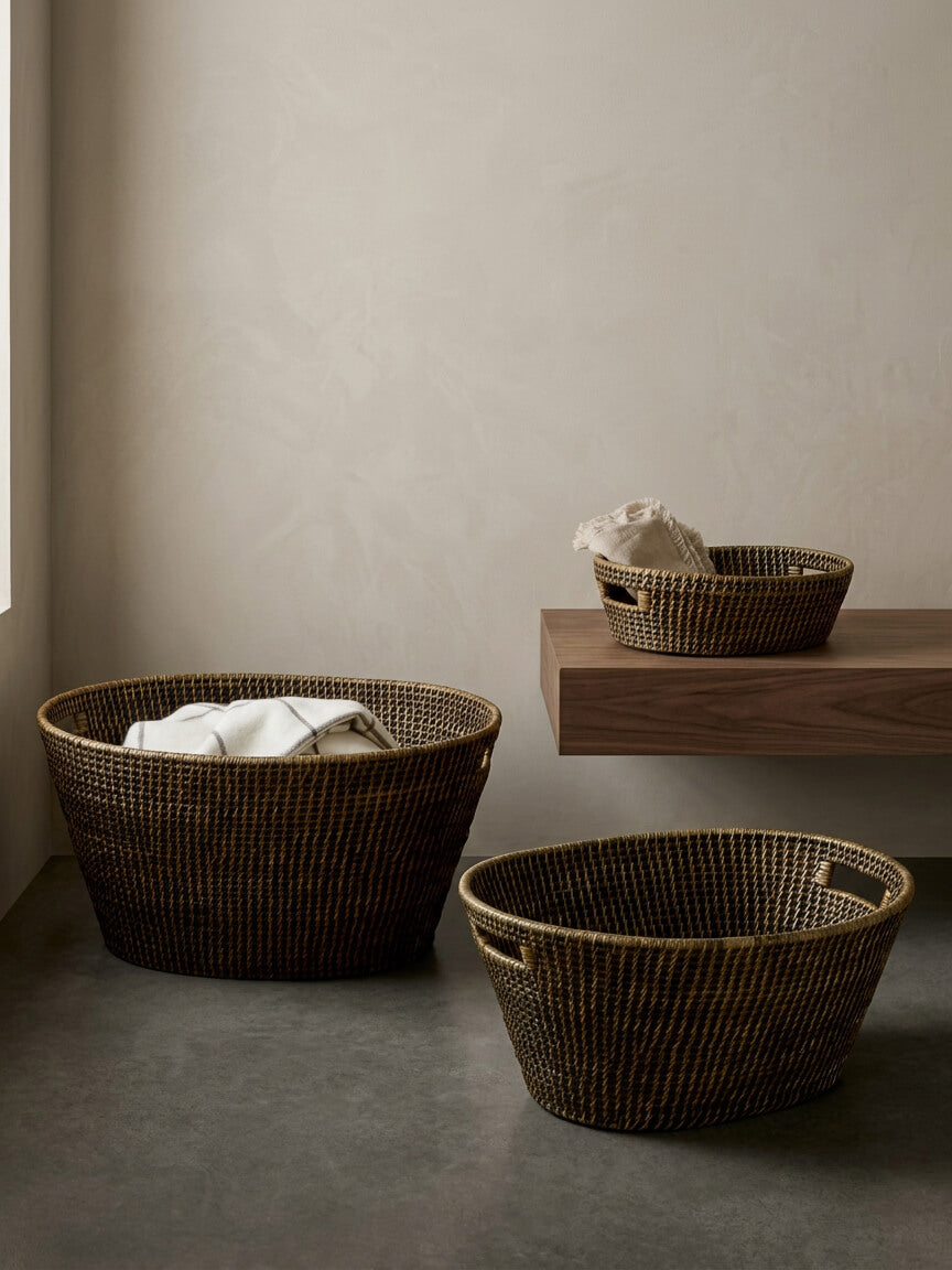 Set of brown rattan storage baskets Cesta in small, medium and large sizes, woven laundry and storage baskets neutral UK home styling