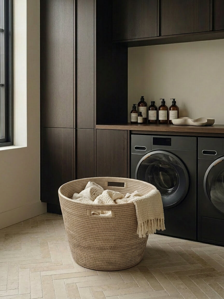 Cesta large white rattan laundry basket with towels in modern utility room with washing machine, woven storage basket neutral UK home decor