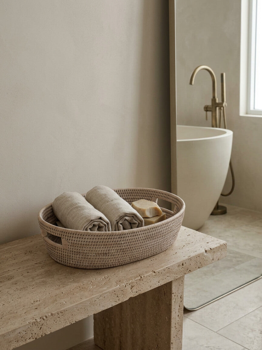 Cesta white rattan basket styled in bathroom with rolled towels and soap on stone bench, woven storage basket neutral spa style UK home decor
