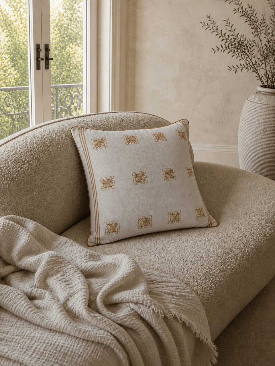Luxury cream and caramel patterned cotton cushion cover with woven geometric detailing, styled on a textured boucle armchair in a warm contemporary interior.