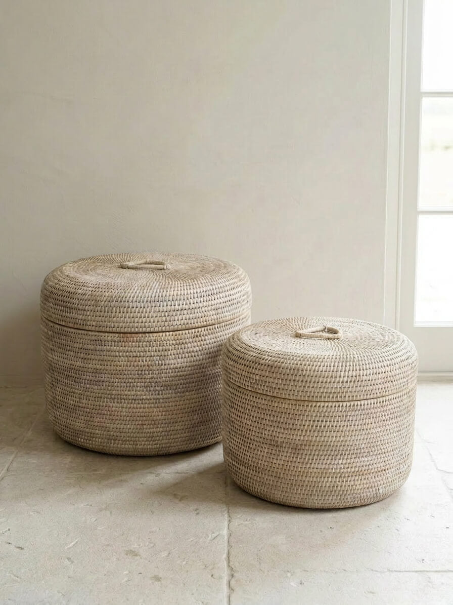 Ely Round Rattan Round Storage Box - White
