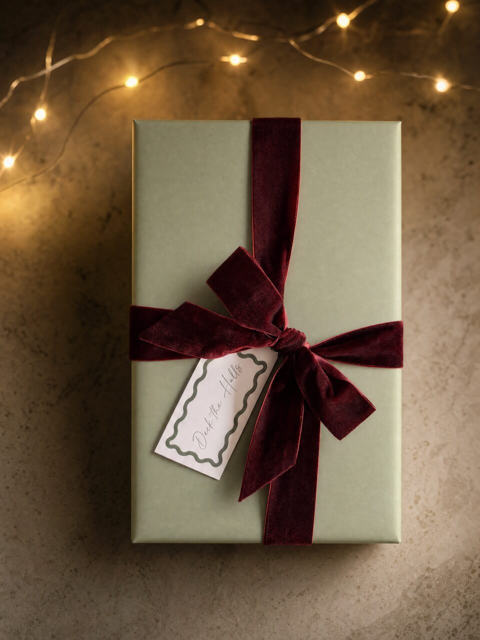 A rectangular gift box wrapped in pale sage green paper, tied with a wide burgundy velvet ribbon and bow, with a small decorative paper tag attached. Warm string lights glow softly in the background against a textured neutral surface.