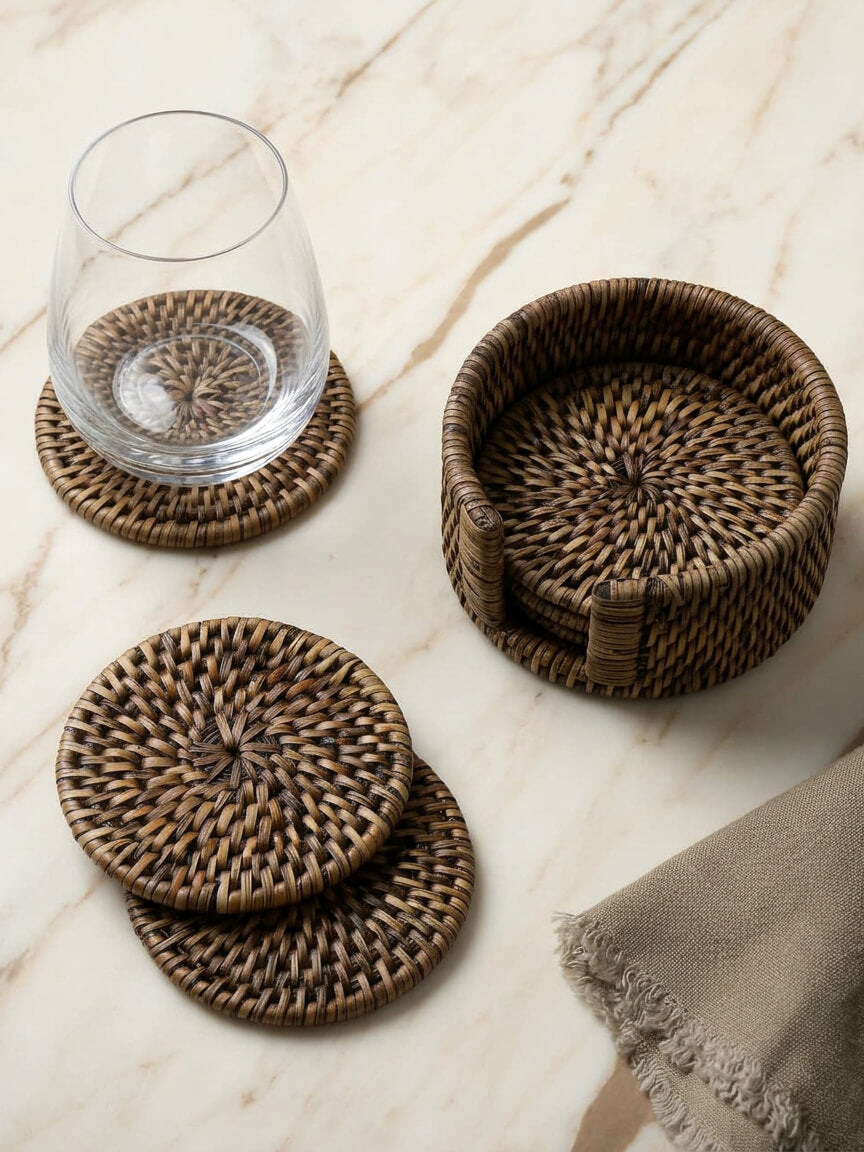 Iona antique brown rattan coasters set with holder on marble table, woven drink coasters natural tableware UK home decor