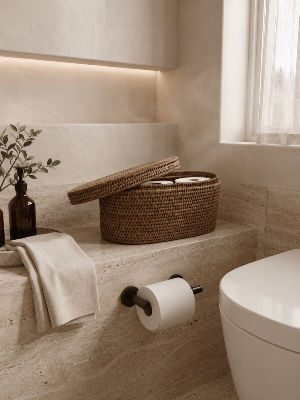 Bathroom with jar rattan basket toilet paper holder on a stone shelf.