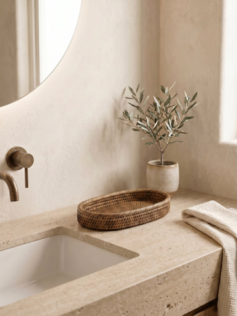 Bathroom counter with sink, jar rattan tray, plant, and towel in a neutral setting