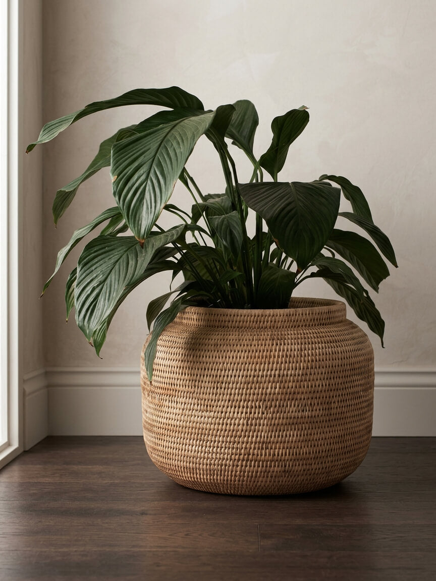 natural rattan planter indoor plant pot cover with green houseplant living room styling UK