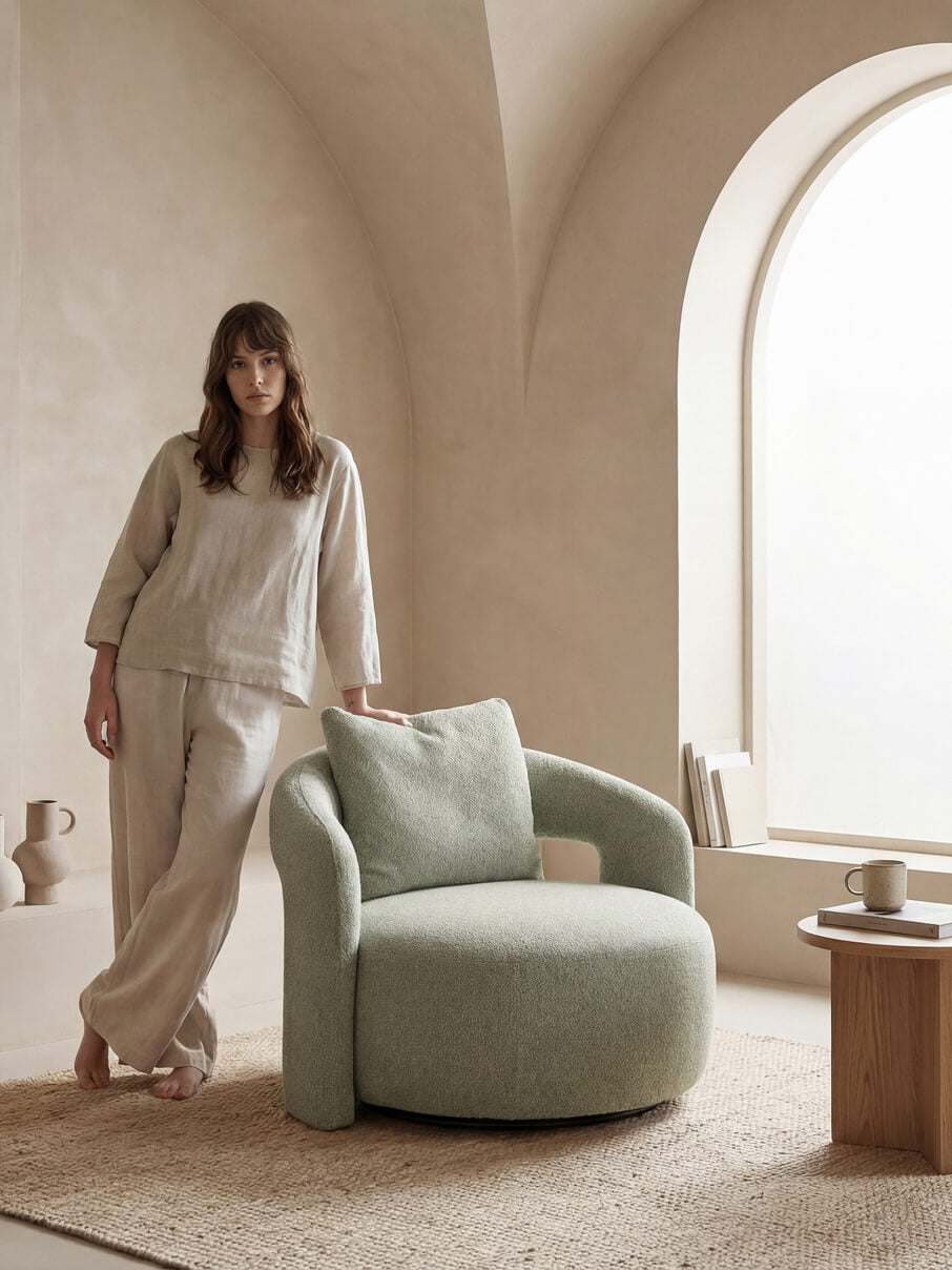 A woman in a cream linen pajama set stands beside a round, low-profile armchair upholstered in a soft sage green fabric, set in a minimalist room with arched windows and warm beige walls.