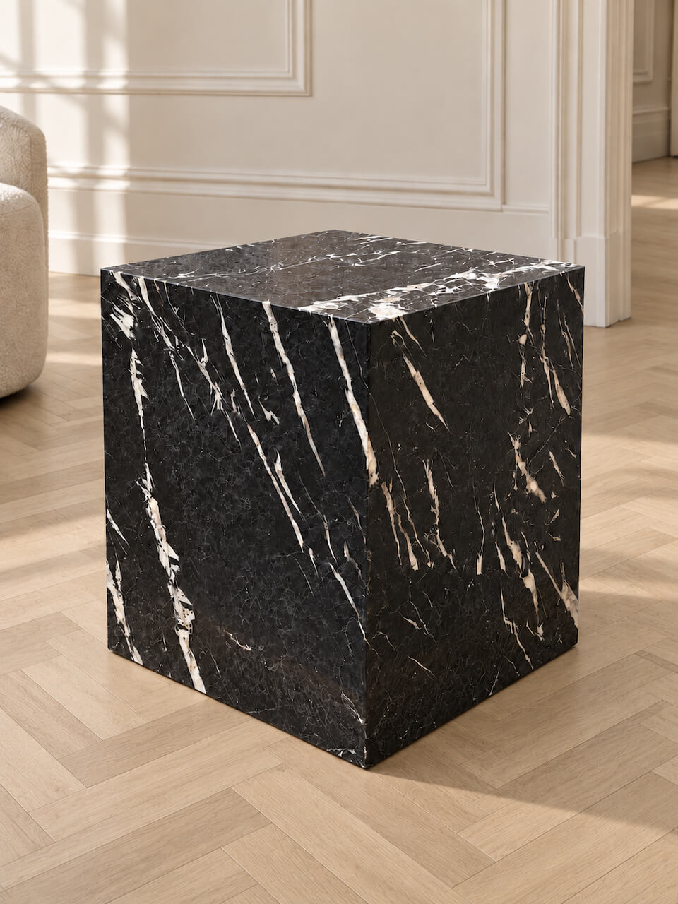 Marlborough Nero Marquina Black Leathered Marble Side Table