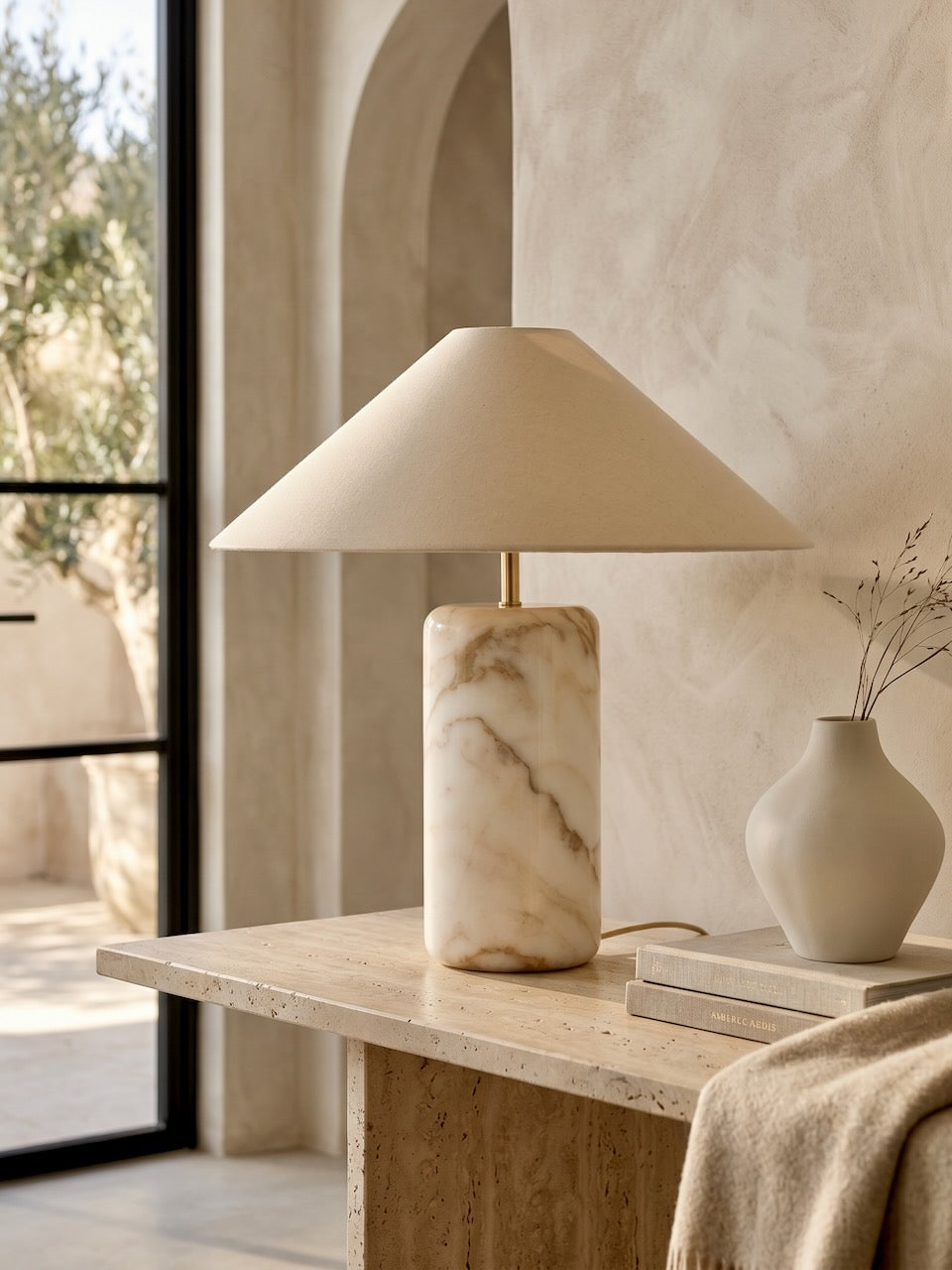Marble table lamp on a wooden surface with a neutral background