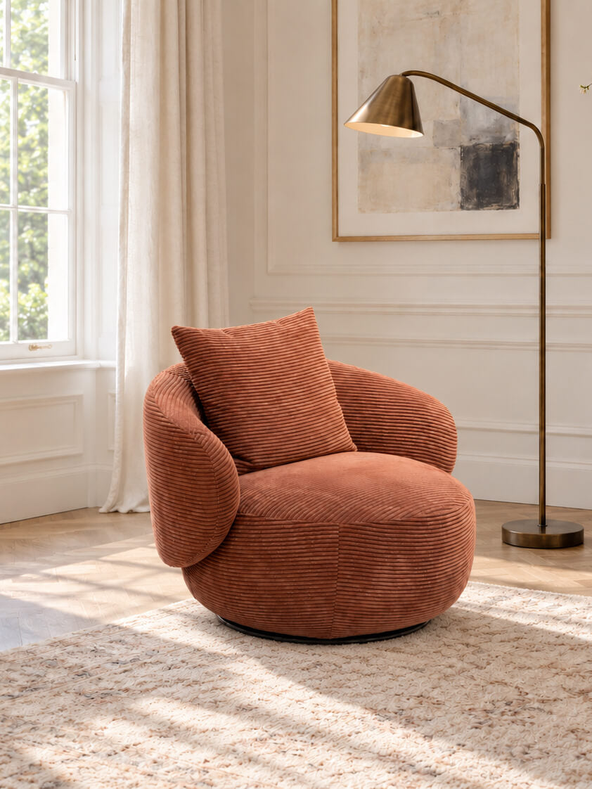 A round, low-profile armchair in rust-orange corduroy fabric with a matching throw pillow, styled in a bright, modern room with a floor lamp and window.