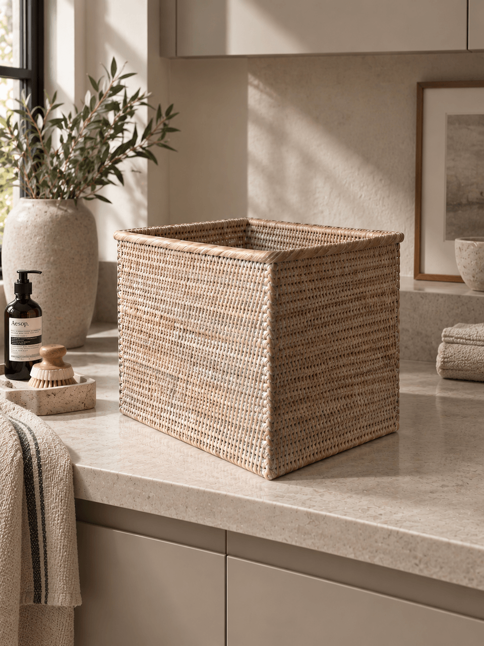 A rectangular woven storage basket made of natural fiber sits on a light stone bathroom counter, surrounded by spa-like toiletries and a neutral-toned interior.