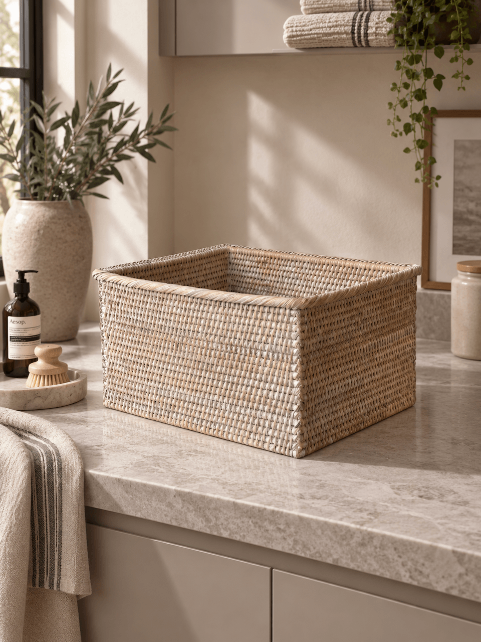 A rectangular woven storage basket made of natural fiber sits on a light stone countertop in a softly styled bathroom or vanity area. The basket is the clear product focus, with towels, bottles, and plants visible around it as props.