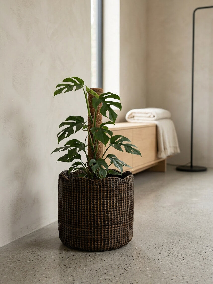 Small Skye rattan planter in antique brown with scalloped edge, styled with indoor monstera plant in modern neutral UK home interior, woven rattan plant pot floor styling