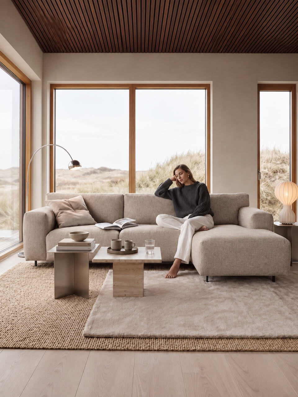A woman sits on a large light beige sectional sofa in a modern, sunlit room with large windows, a wood slatted ceiling, and a beach landscape outside. The room includes a low wooden coffee table, a textured rug, and a floor lamp.