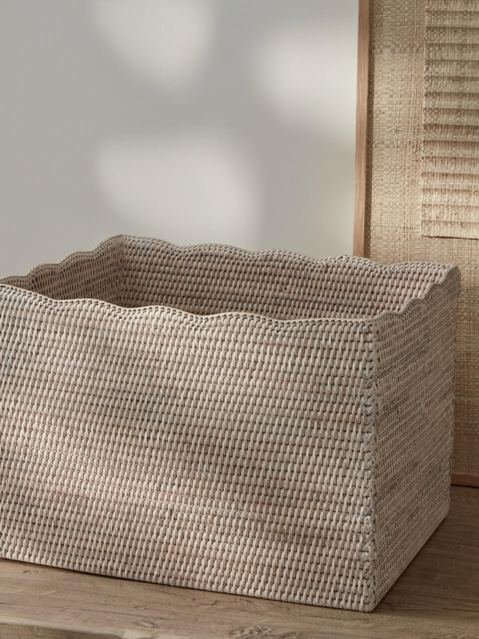 White rattan scalloped basket rectangular storage basket with handwoven design for shelves and home organisation