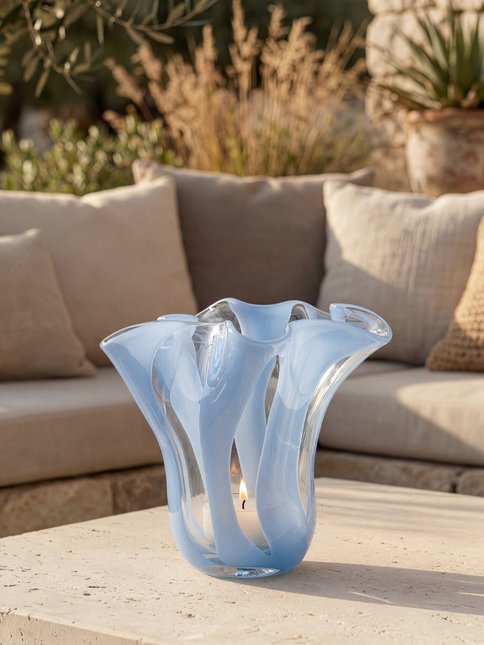 Blue Striped Handblown Glass Tea Light Holder - Set of 2