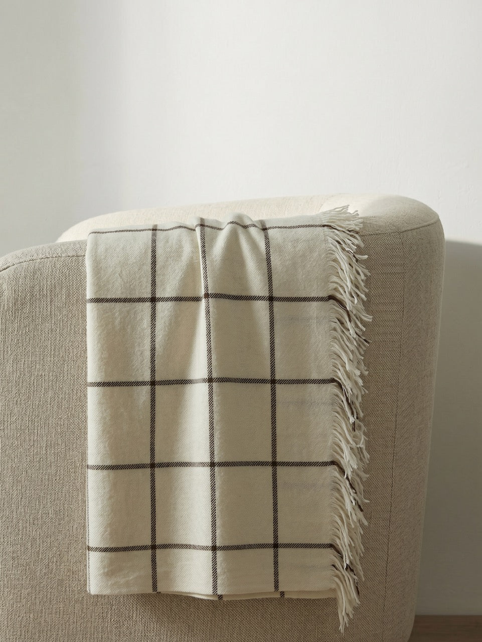Cream & Brown Check Wool Throw