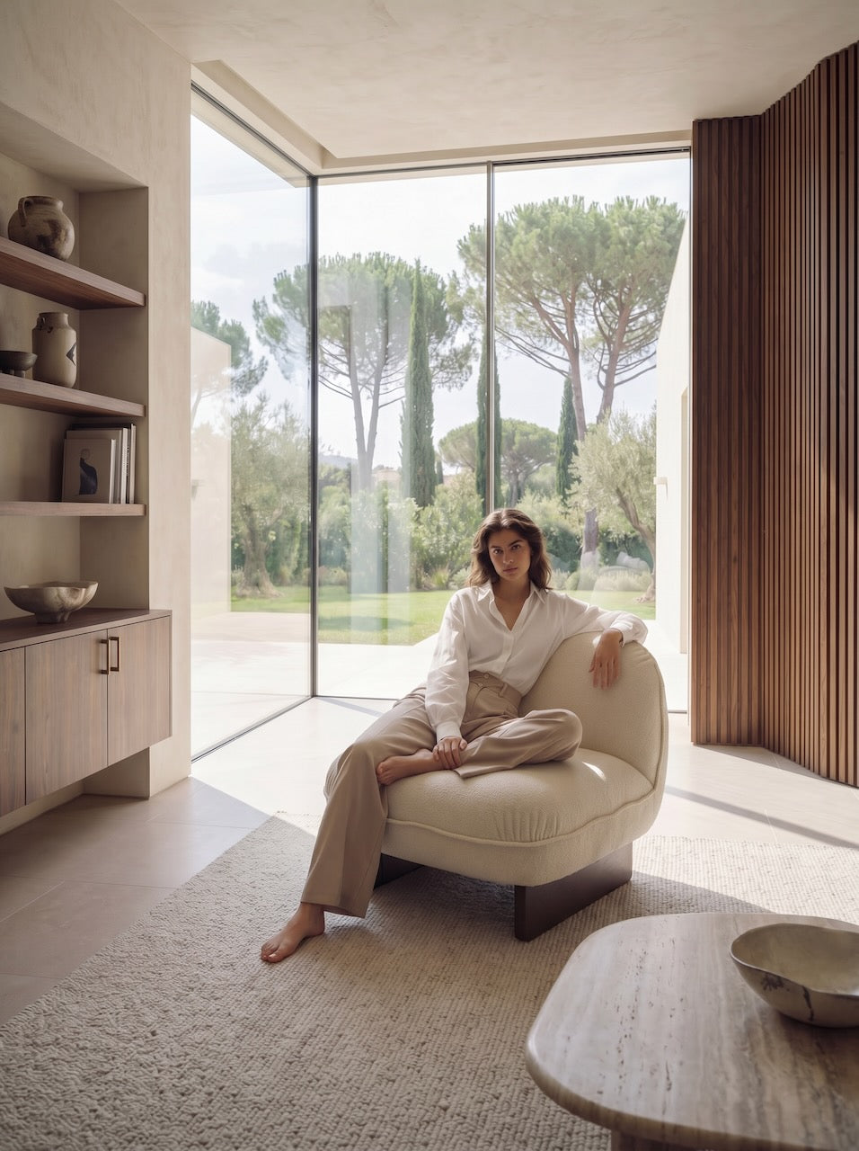 Woman sitting on a chair in a modern living room with large windows.